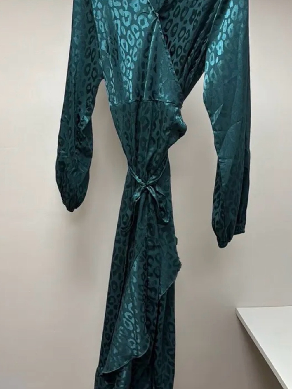 Simple Teal Satin Leopard-Print Maxi Wrap Dress